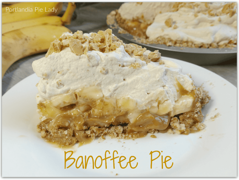 Banoffee Pie: Sinfully smooth toffee filling, sliced bananas, and "espresso" flavored whipped cream topped with salted-gold candies served in a pretzel crust. Move over salted-caramel, Banoffee Pie is here.