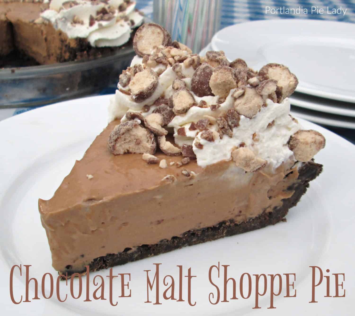 Chocolate malt-a-licious smooth & creamy pie is packed full of crushed Whoppers; tastes like an old time ice cream shoppe opened in your kitchen!