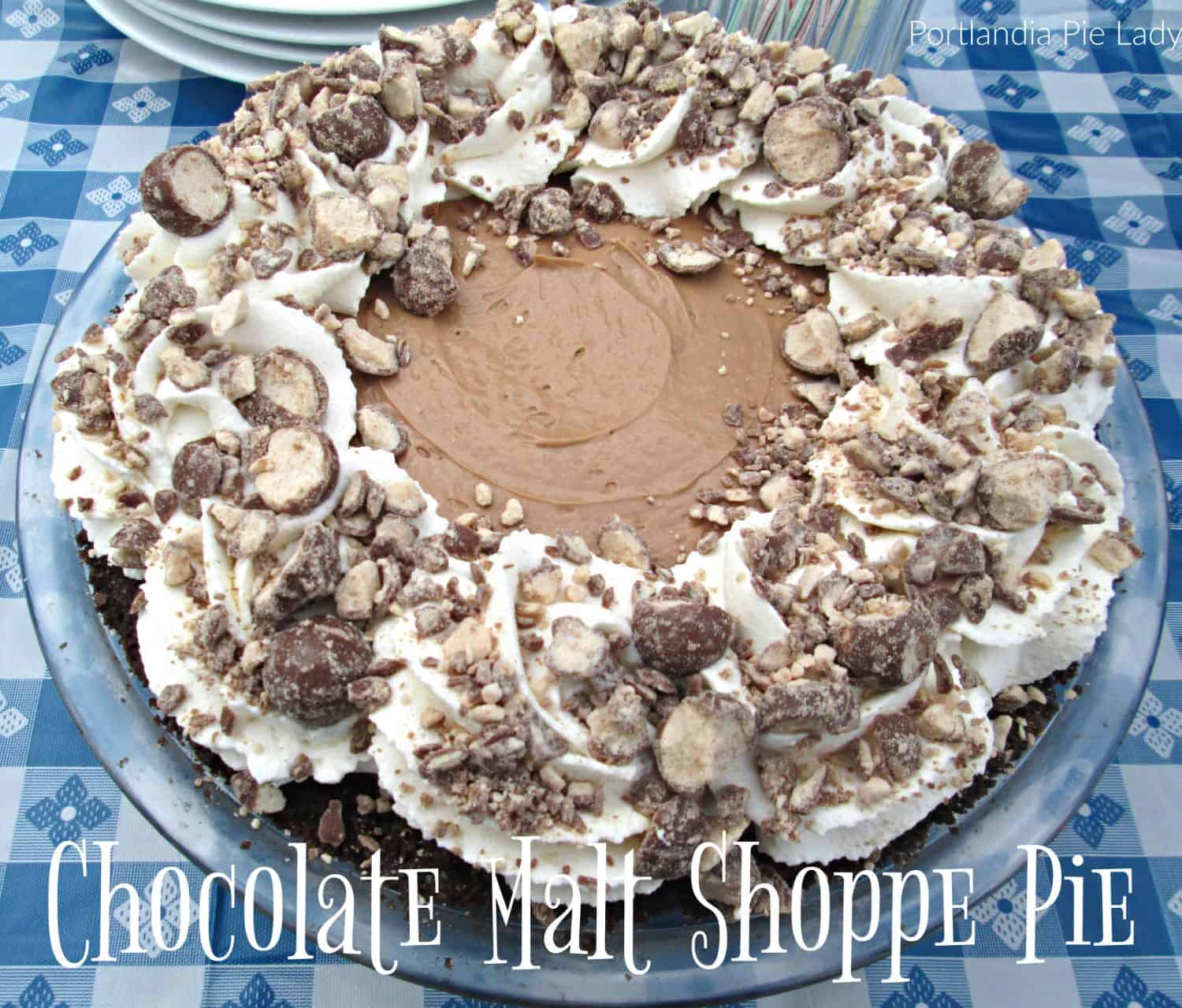 Chocolate malt-a-licious smooth & creamy pie is packed full of crushed Whoppers; tastes like an old time ice cream shoppe opened in your kitchen!