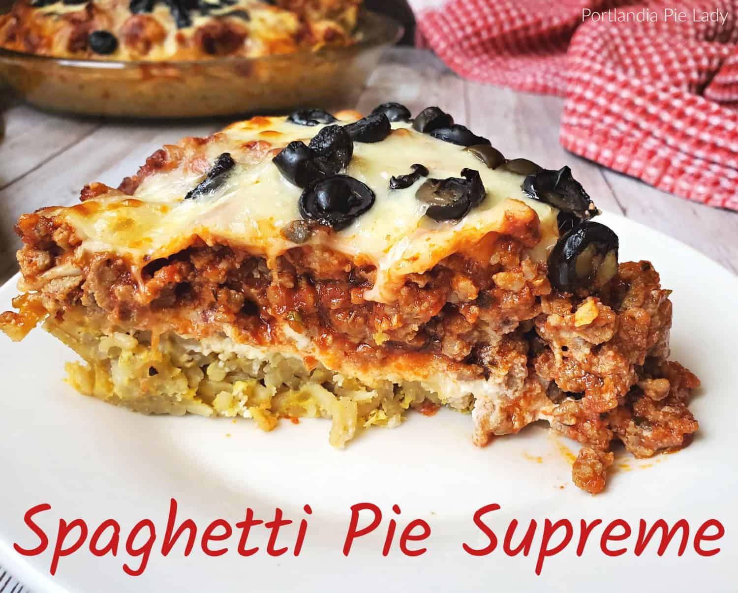 Spaghetti noodles, seasonings & parmesan cheese, bakes into a crust with a layer of ricotta, parmesan & a meaty marinara sauce, and loads of mozzarella!