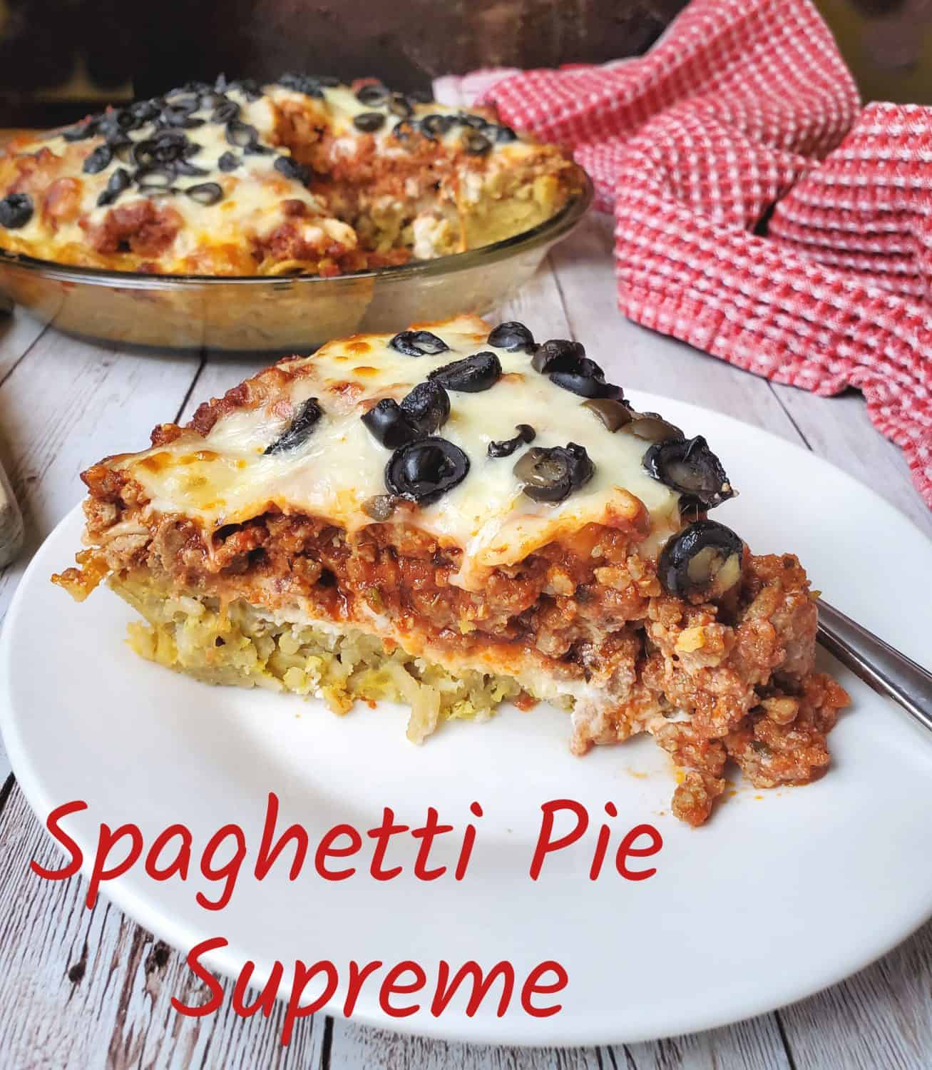 Spaghetti noodles, seasonings & parmesan cheese, bakes into a crust with a layer of ricotta, parmesan & a meaty marinara sauce, and loads of mozzarella!