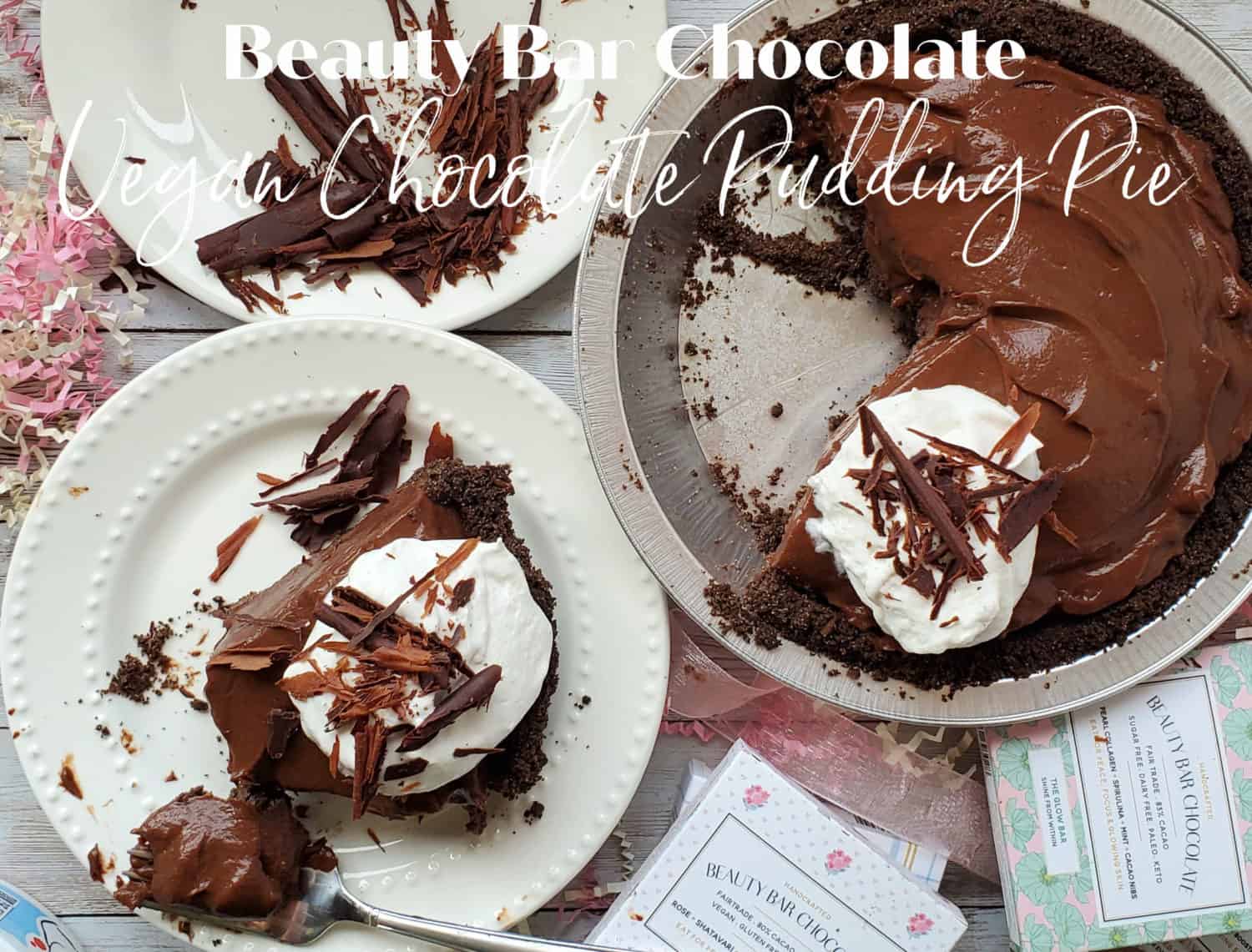 Vegan Chocolate Pudding Pie with Beauty Bar Chocolate is super creamy, just the right amount of sweet, with homemade chocolate shavings.