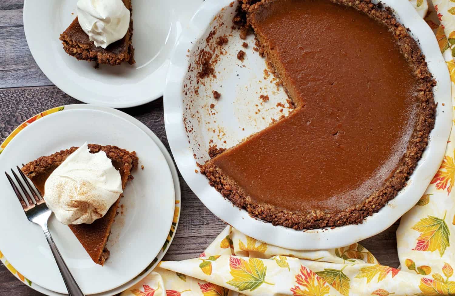 Pumpkin Pie with Pecan Walnut Crust: The best of both worlds in the fall, buttery toasted sizzling nut crust with perfectly spice pumpkin custard filling.